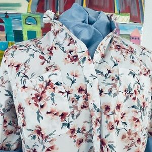 Plus Size Floral Top, Ruffle Collar Long Sleeve Button Down Shirt